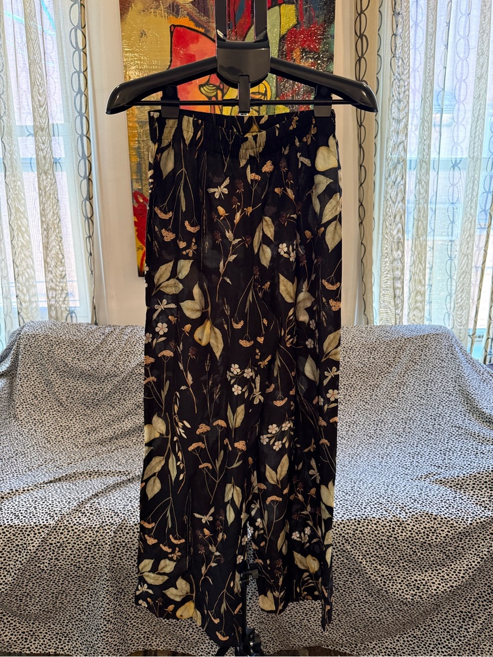 H&M Black Wide-Leg Pants with Beige and Olive Floral Print